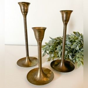 Vintage Brass Candlesticks Set Of 3 Stacked Made In India Mid Century Modern